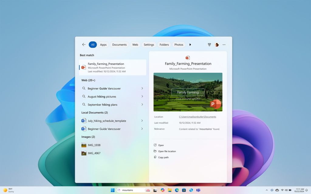 Das Bild zeigt einen Desktop auf dem Microsofts CoPilot Open Recall in Verwendung ist.
